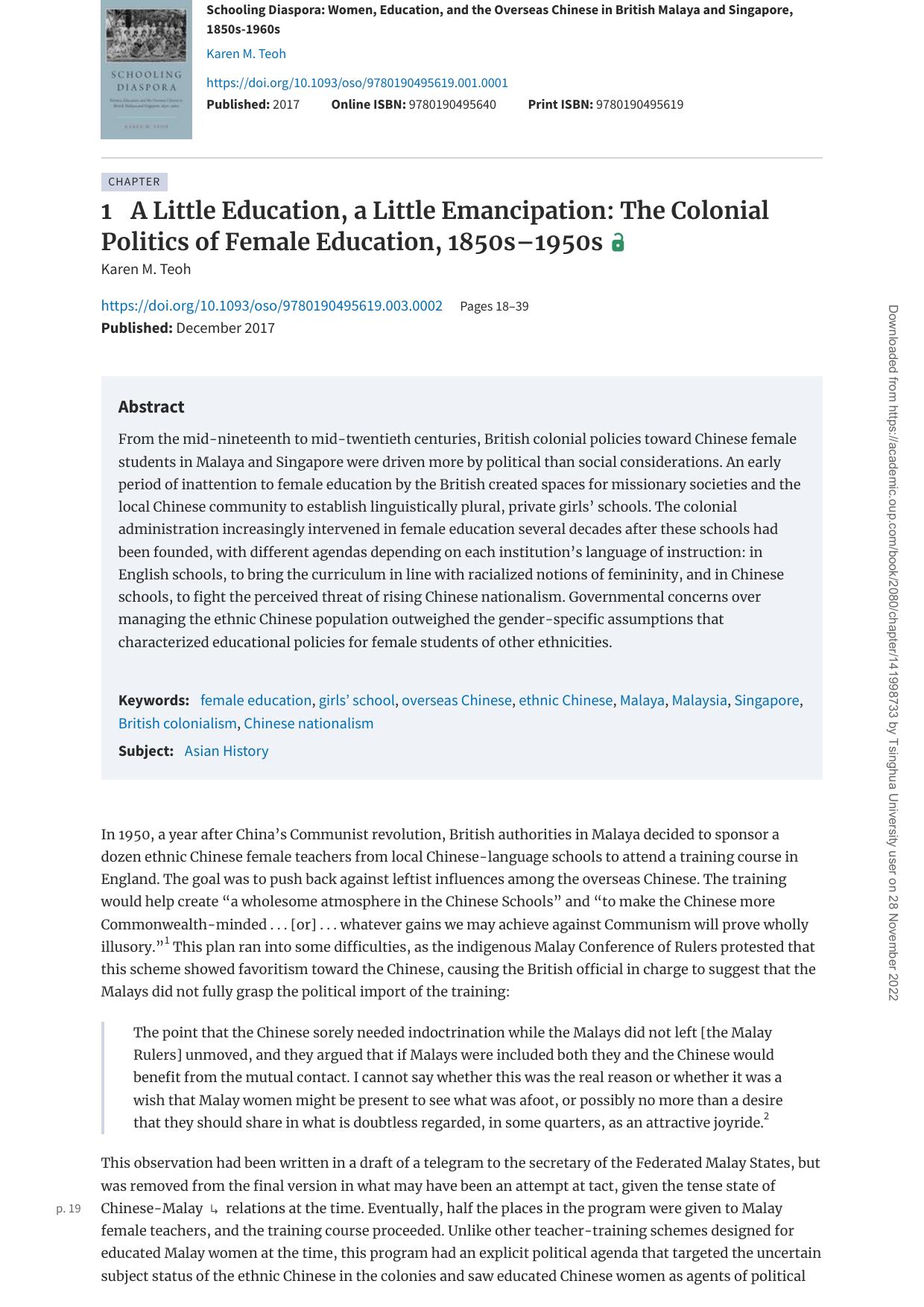 1 A Little Education, a Little Emancipation The Colonial Politics of Female Education, 1850s–1950s